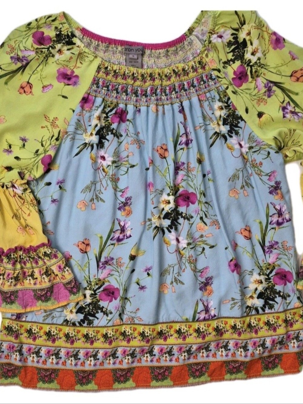 Sharon Young Brand Bohemian Style Mixed Floral Print Peasant Blouse Womens Sz S
